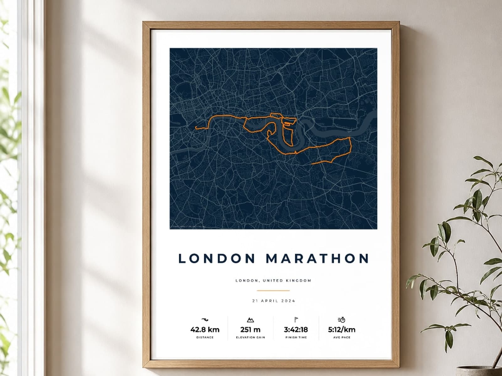Route Into Art London Marathon Race Blueprint personalised route print shown framed for display