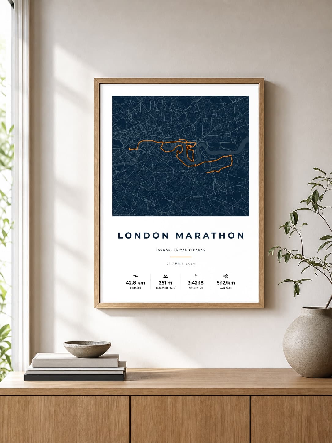 Route Into Art London Marathon Race Blueprint personalised route print shown framed for display