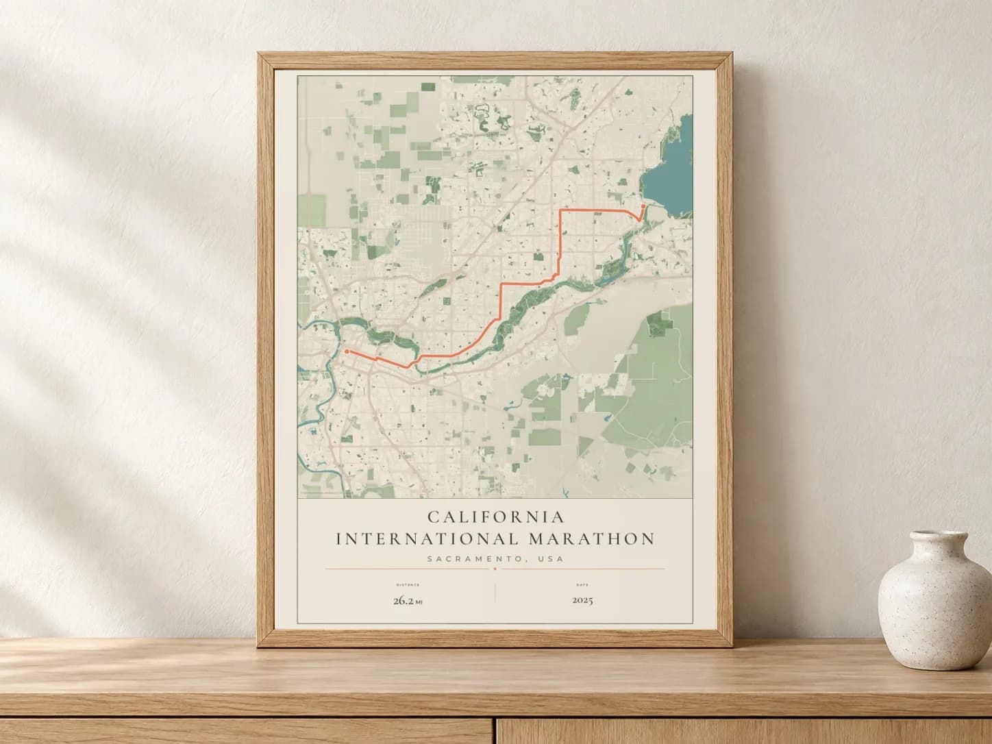 California International Marathon 2025 Parkland route print in a light oak frame on a console