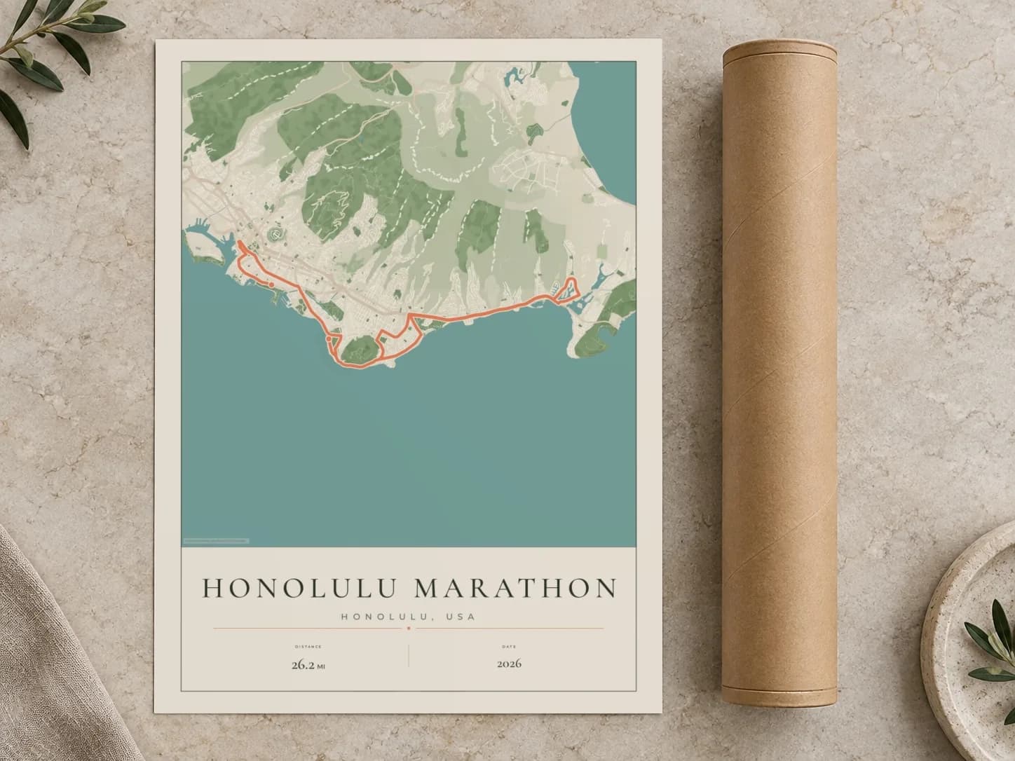 Cardboard postal tube beside a flat Honolulu Marathon route print