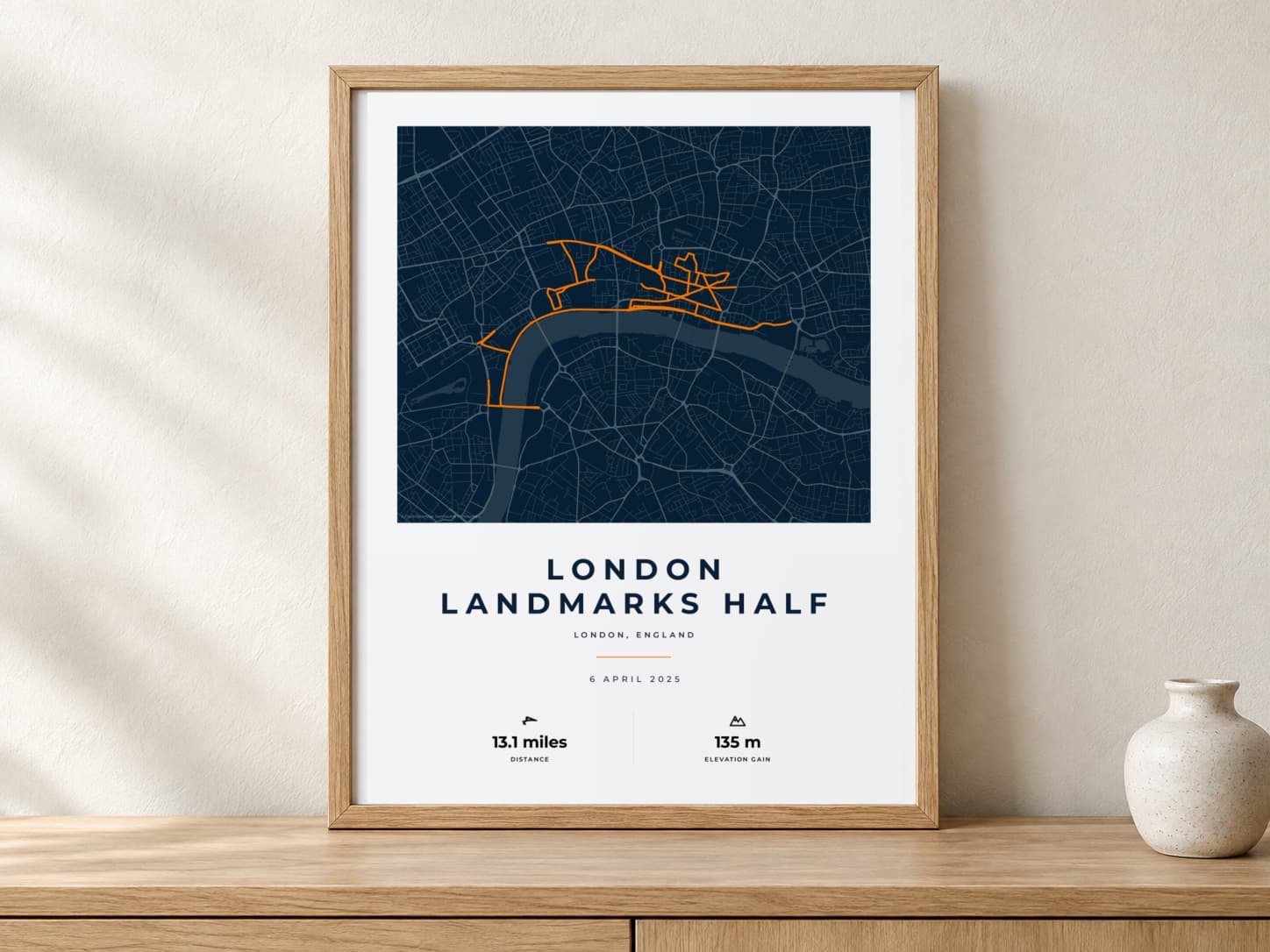 London Landmarks Half Marathon 2025 Race Blueprint route print in a warm framed display scene