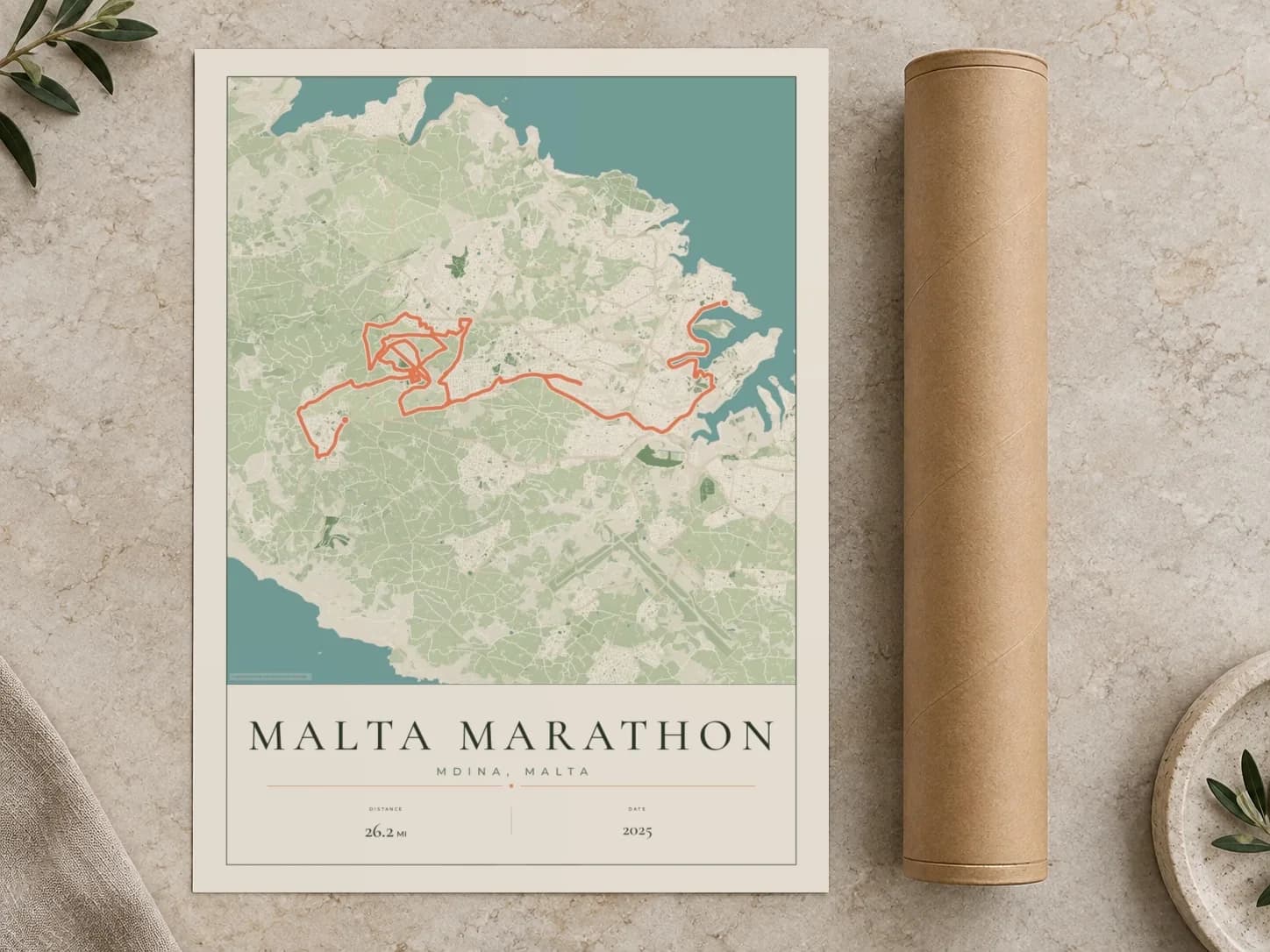 Cardboard postal tube beside a flat Malta Marathon route print