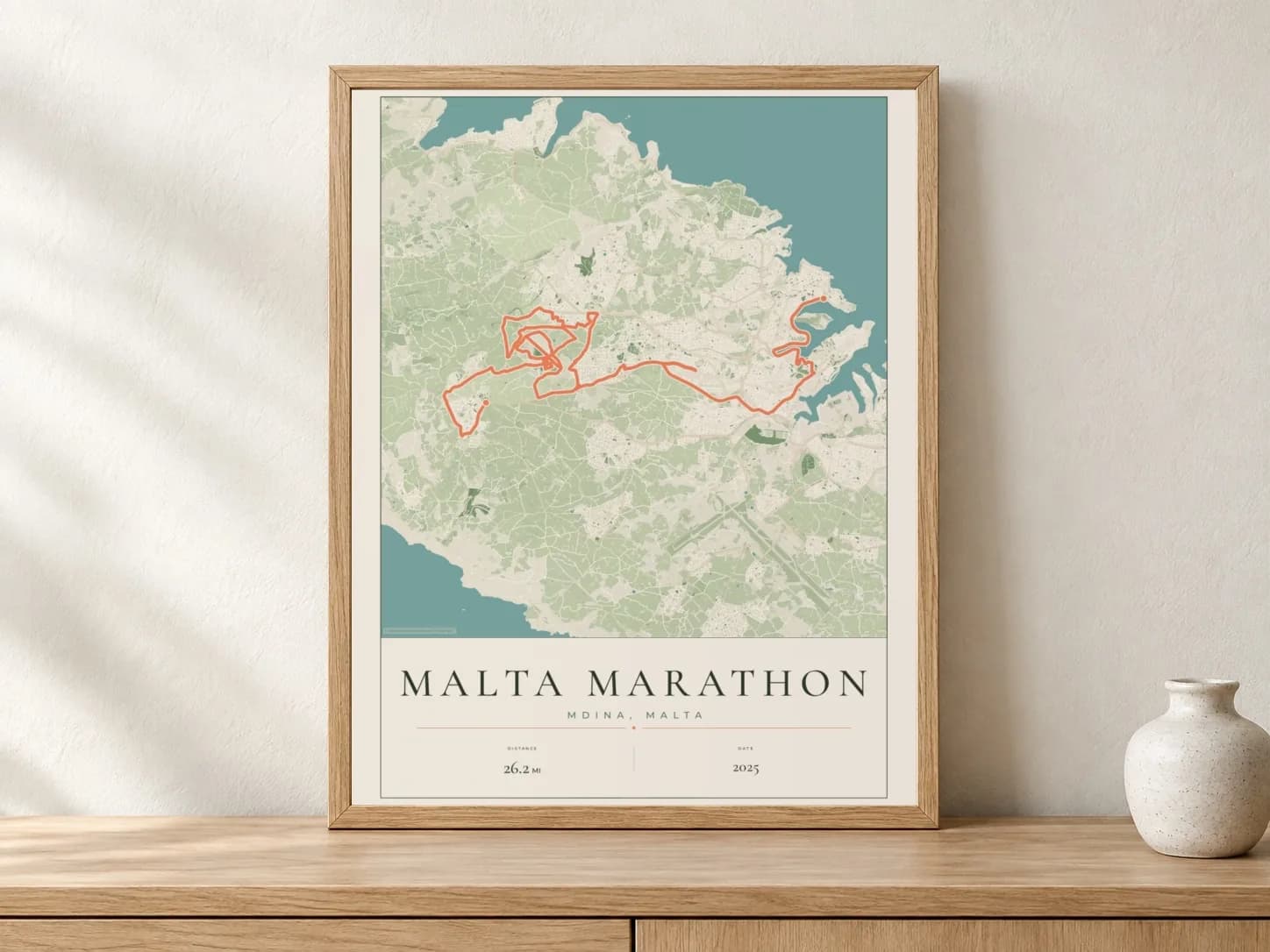 Malta Marathon 2025 Parkland route print in a light oak frame on a console