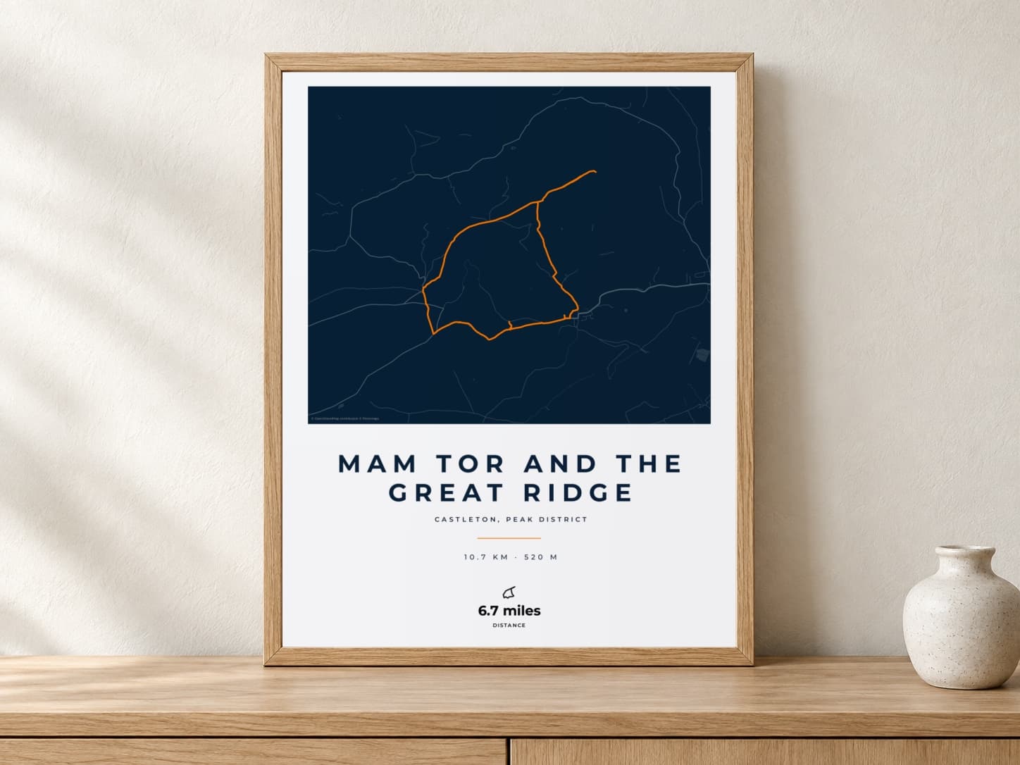 Mam Tor and the Great Ridge Race Blueprint route print in a light oak frame on a console