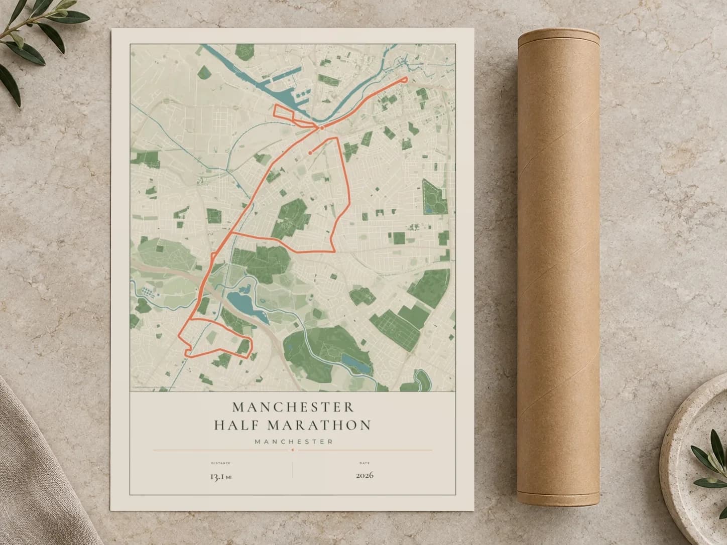 Cardboard postal tube beside a flat Manchester Half Marathon route print