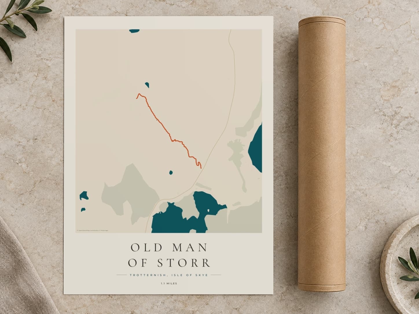 Cardboard postal tube beside a flat Old Man of Storr route print