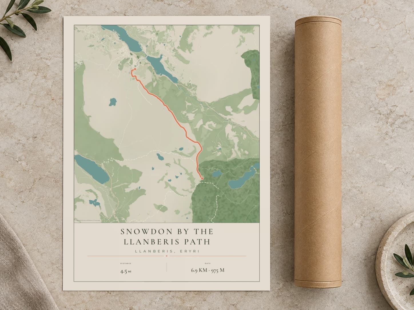 Cardboard postal tube beside a flat Snowdon route print