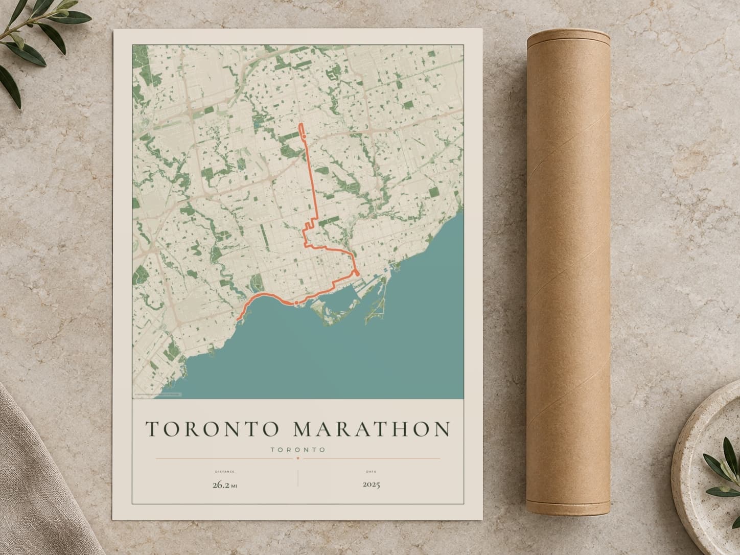 Cardboard postal tube beside a flat Toronto Marathon route print