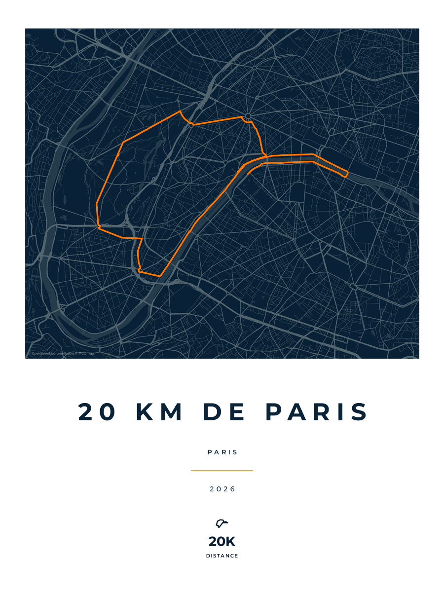 20 km de Paris route map poster preview in the Race Blueprint artwork style