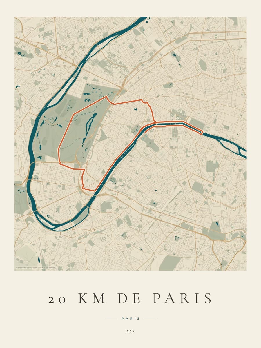 20 km de Paris route map poster preview in the Coastal Atlas artwork style