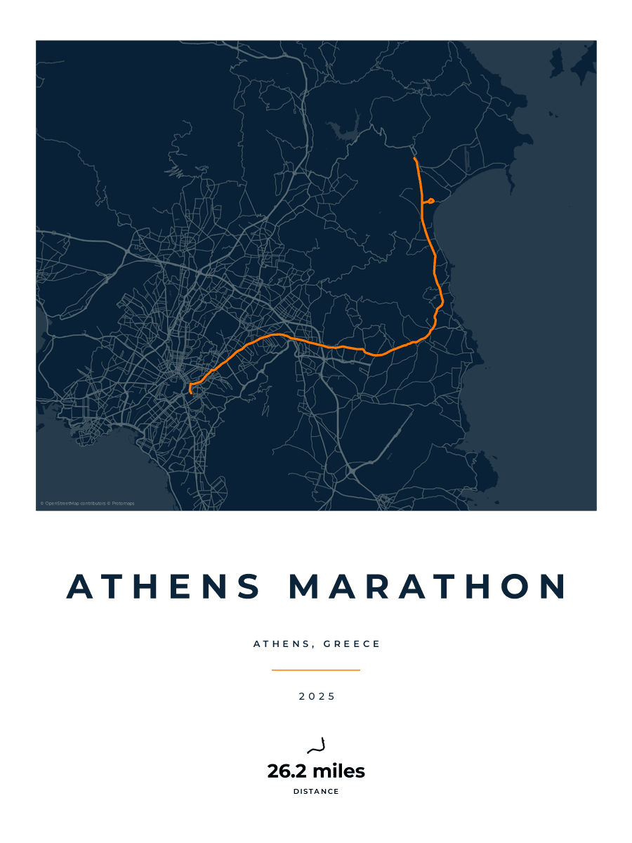 Athens Marathon route poster preview in the Race Blueprint artwork style