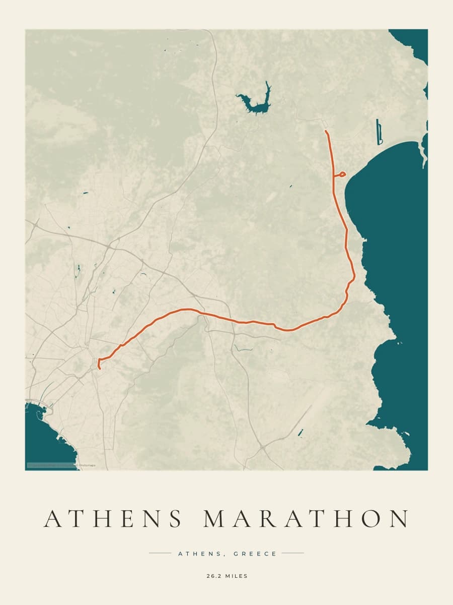 Athens Marathon route poster preview in the Coastal Atlas artwork style