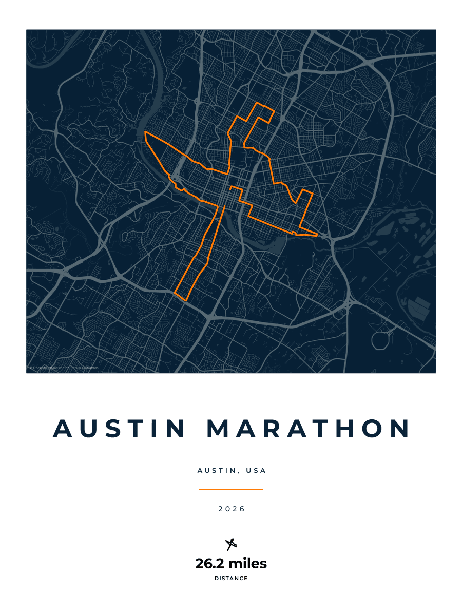 Austin Marathon route poster preview in the Race Blueprint artwork style