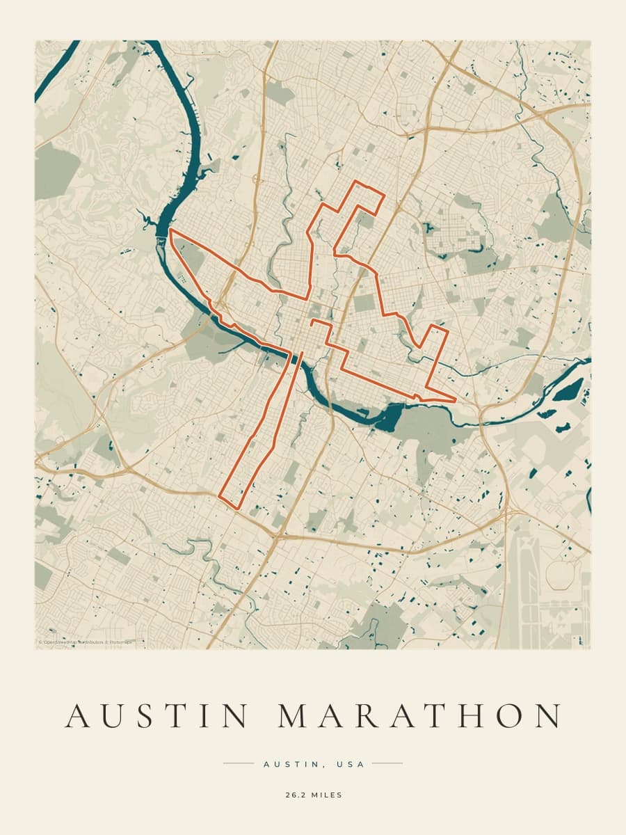 Austin Marathon route poster preview in the Coastal Atlas artwork style