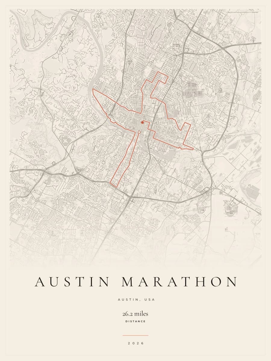 Austin Marathon route poster preview in the Gallery Mono artwork style