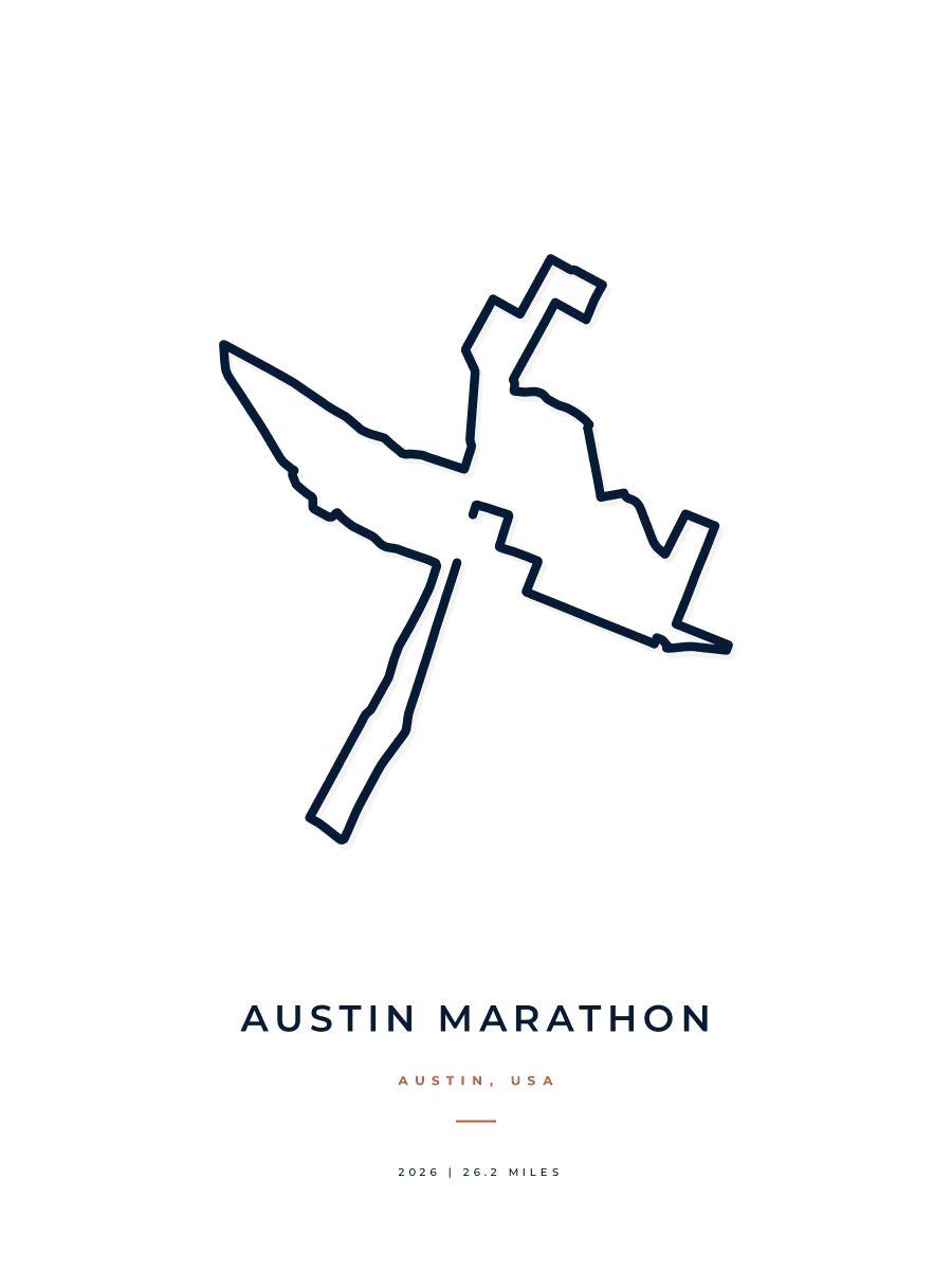 Austin Marathon route poster preview in the Minimal artwork style