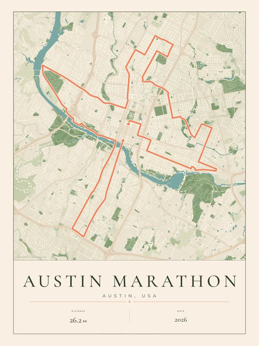 Austin Marathon route poster preview in the Parkland artwork style