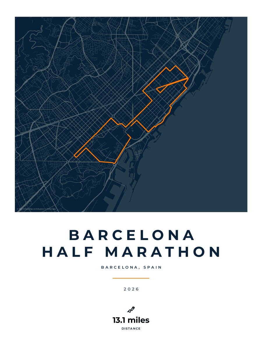 Barcelona Half Marathon route poster preview in the Race Blueprint artwork style