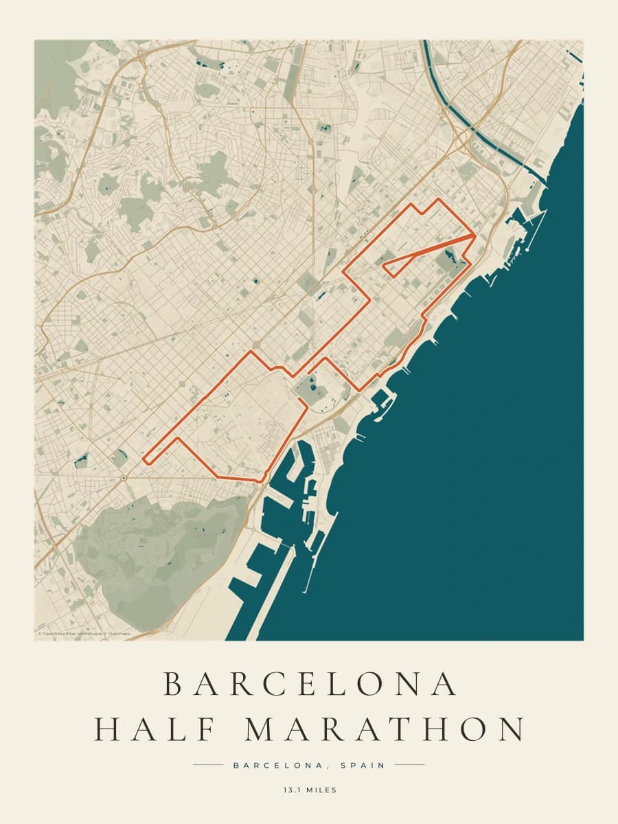 Barcelona Half Marathon route poster preview in the Coastal Atlas artwork style