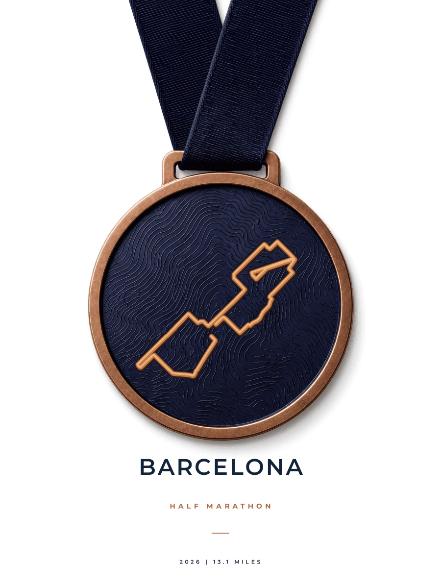 Barcelona Half Marathon route poster preview in the Medal artwork style