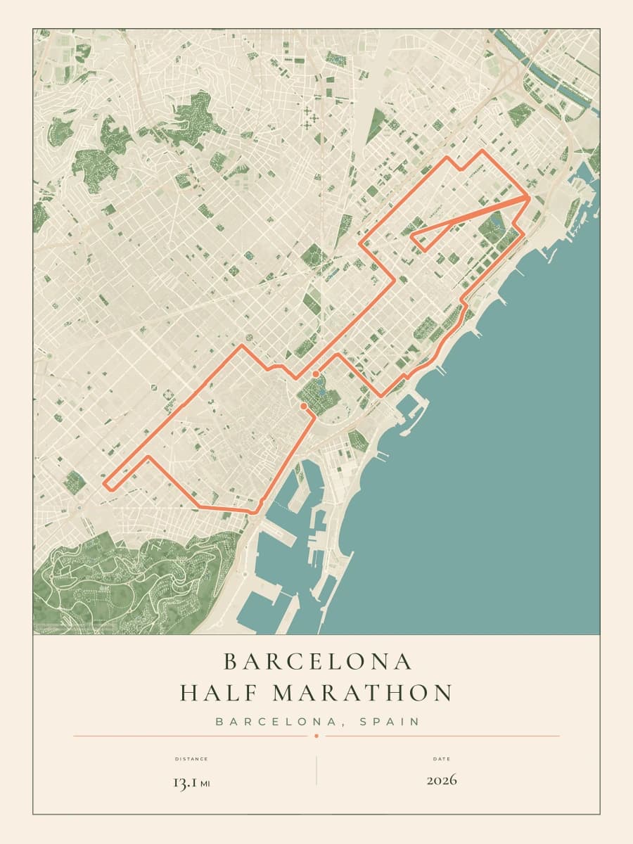 Barcelona Half Marathon route poster preview in the Parkland artwork style