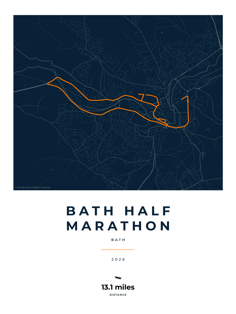 Bath Half Marathon route poster preview in the Race Blueprint artwork style
