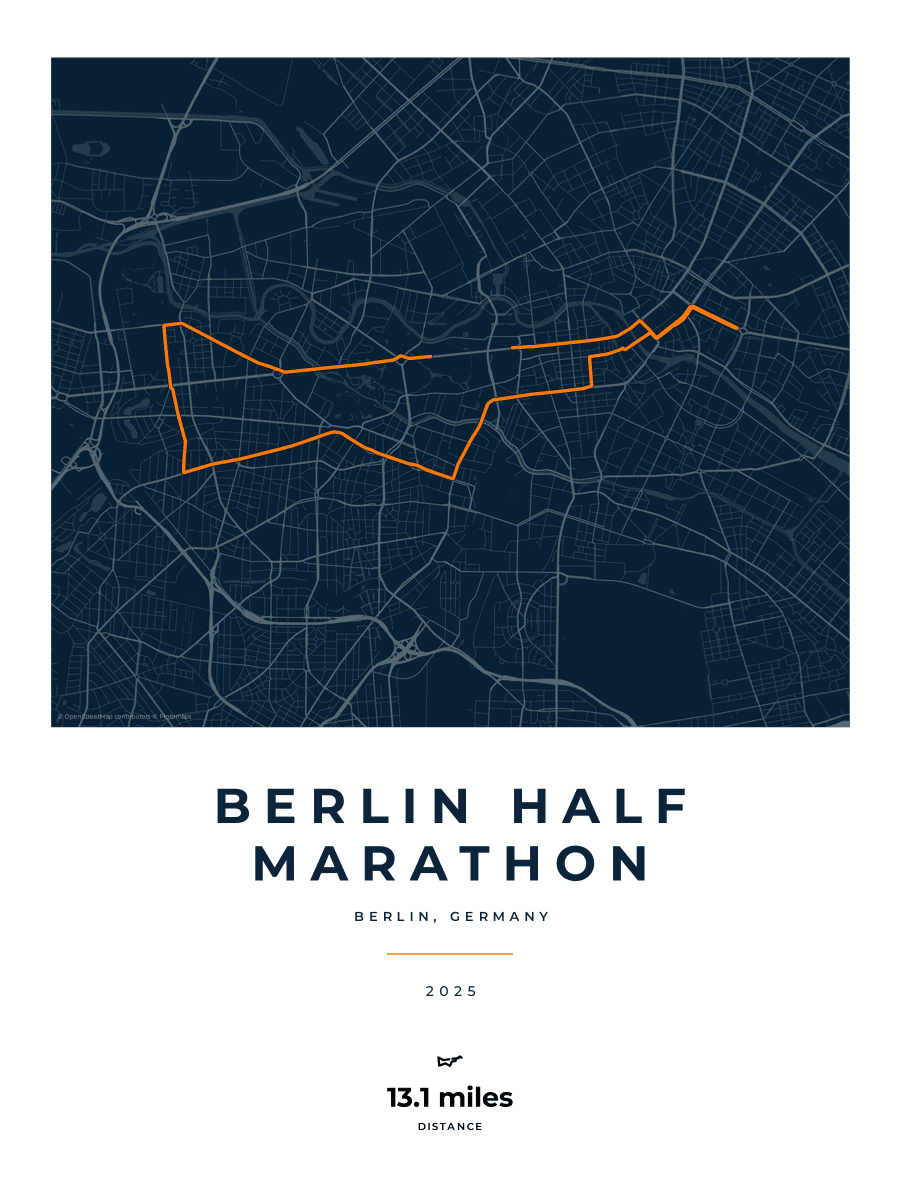 Berlin Half Marathon route poster preview in the Race Blueprint artwork style