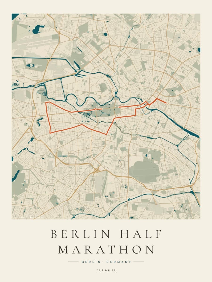 Berlin Half Marathon route poster preview in the Coastal Atlas artwork style