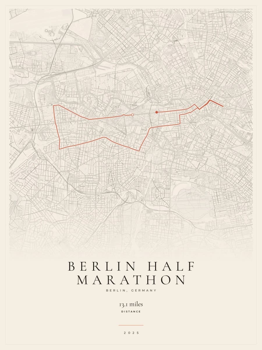 Berlin Half Marathon route poster preview in the Gallery Mono artwork style