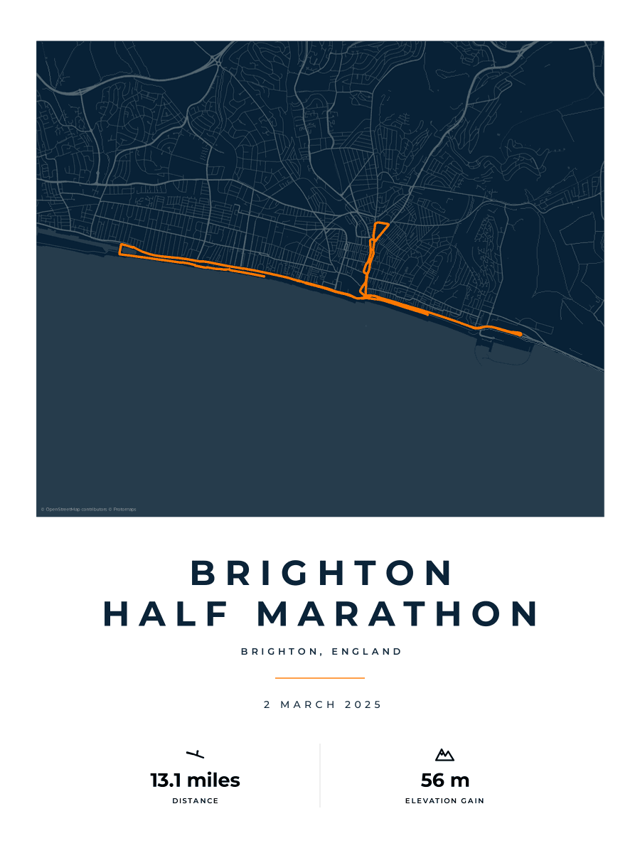 Brighton Half Marathon route poster preview in the Race Blueprint artwork style