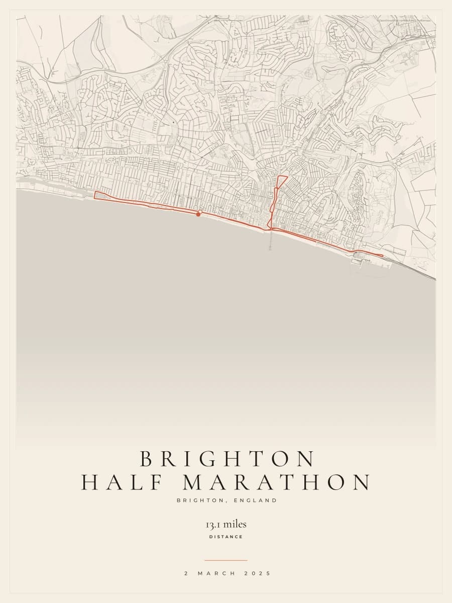 Brighton Half Marathon route poster preview in the Gallery Mono artwork style