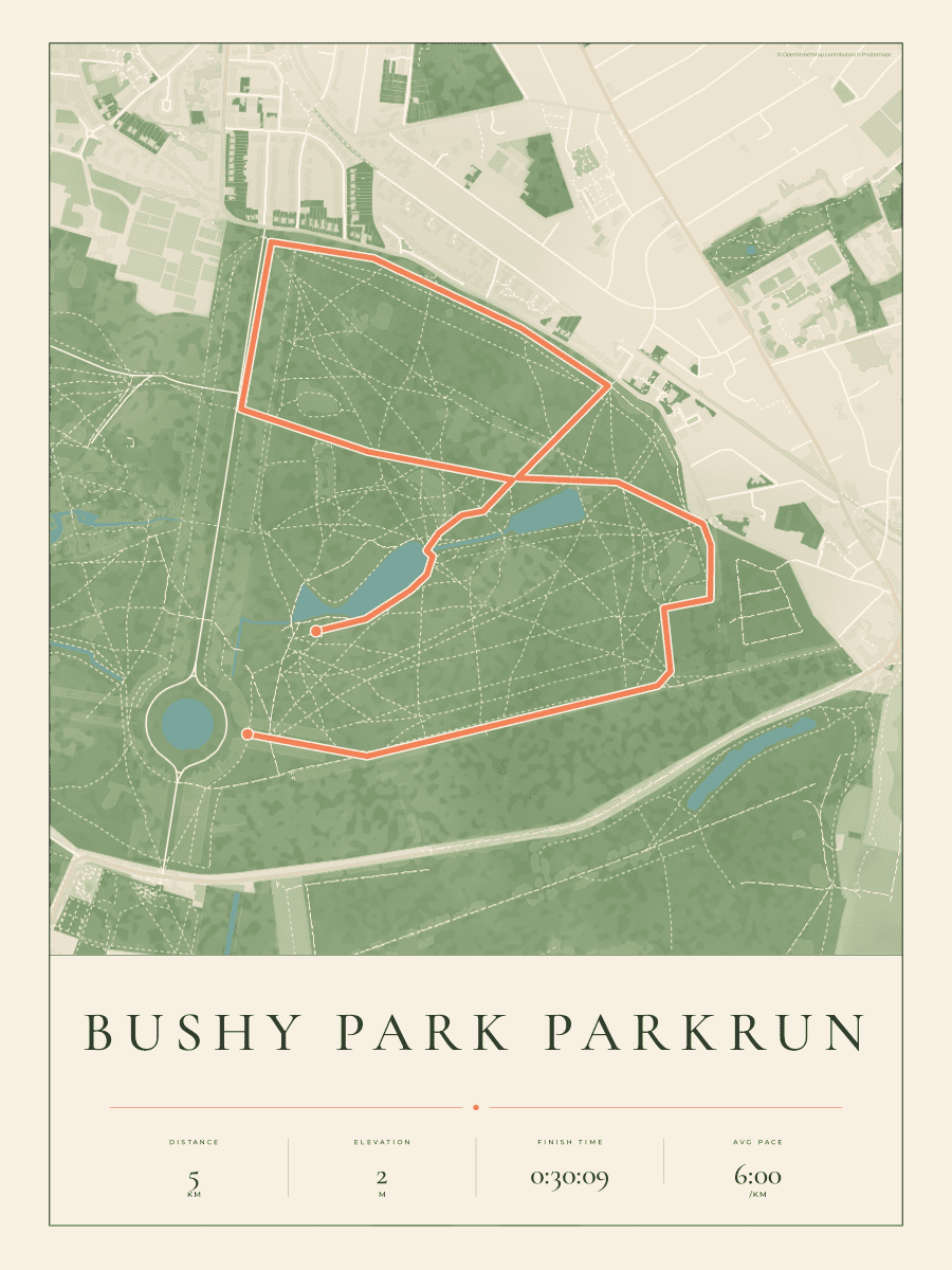 Route Into Art poster render for Bushy Park Parkrun in the Parkland Map artwork style