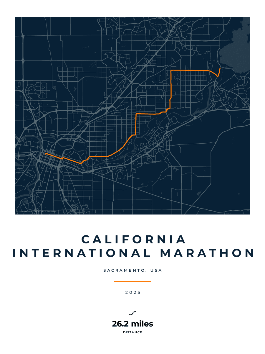 California International Marathon route poster preview in the Race Blueprint artwork style