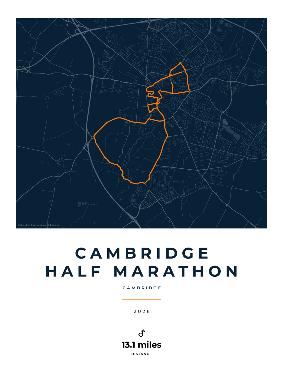 Cambridge Half Marathon route poster preview in the Race Blueprint artwork style