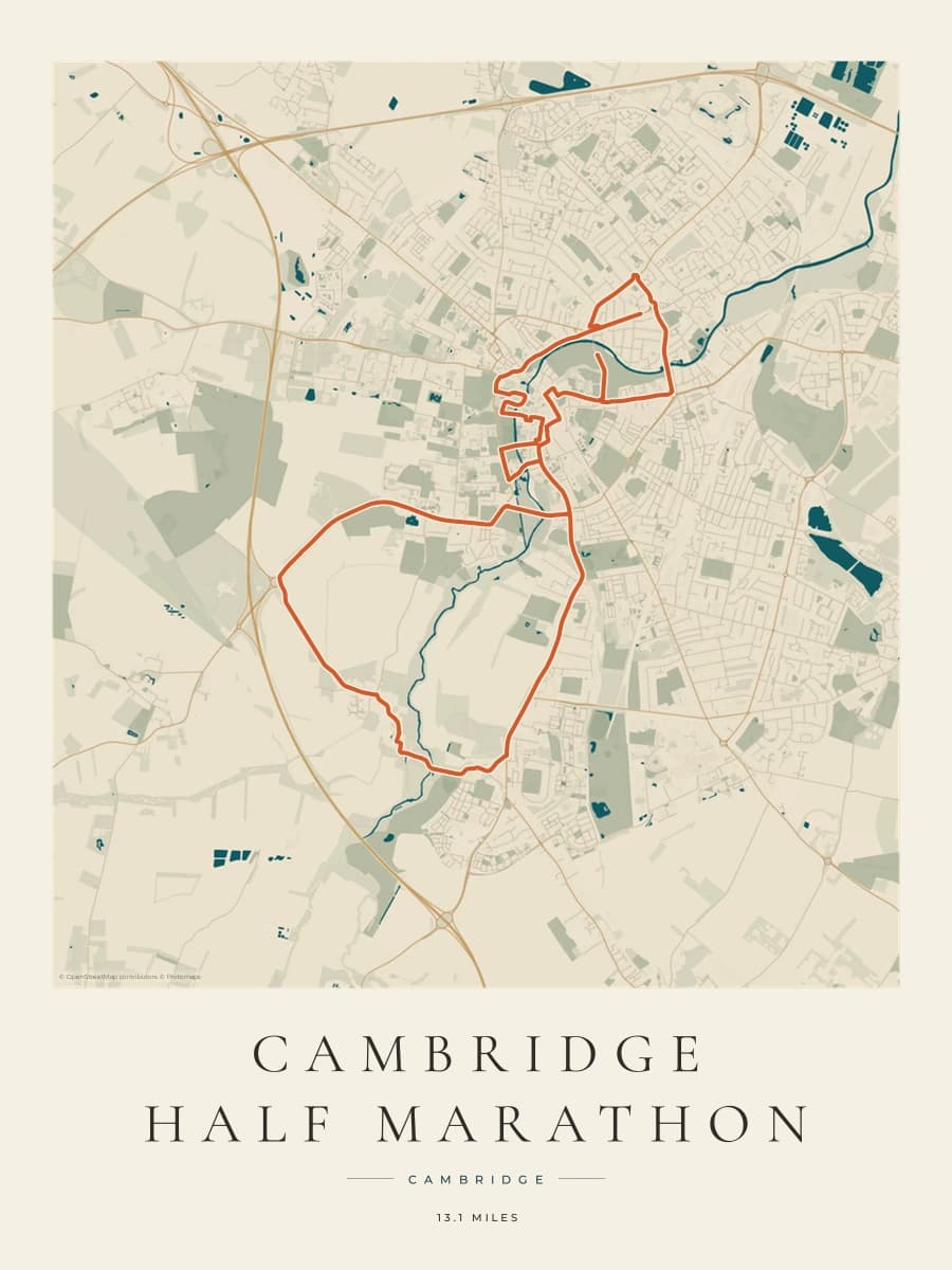 Cambridge Half Marathon route poster preview in the Coastal Atlas artwork style