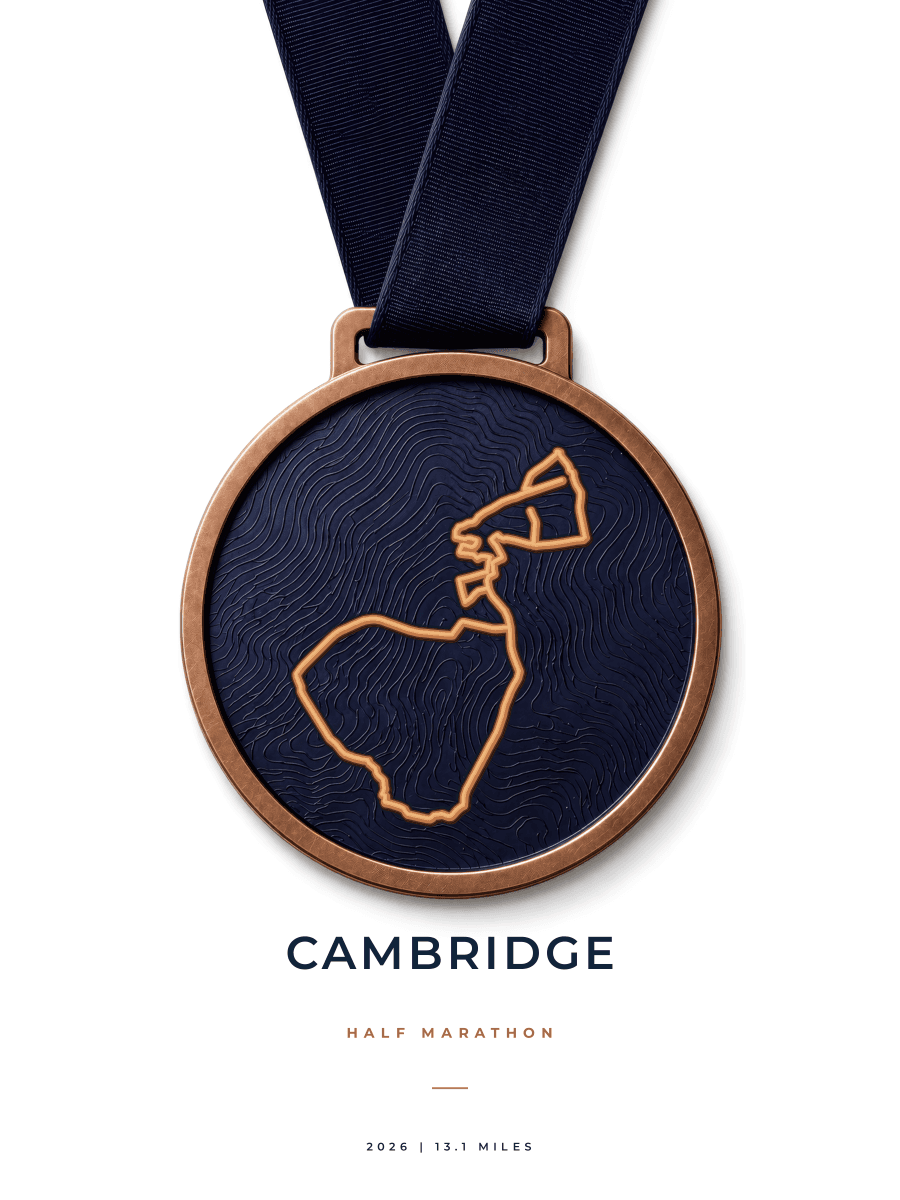 Cambridge Half Marathon route poster preview in the Medal artwork style