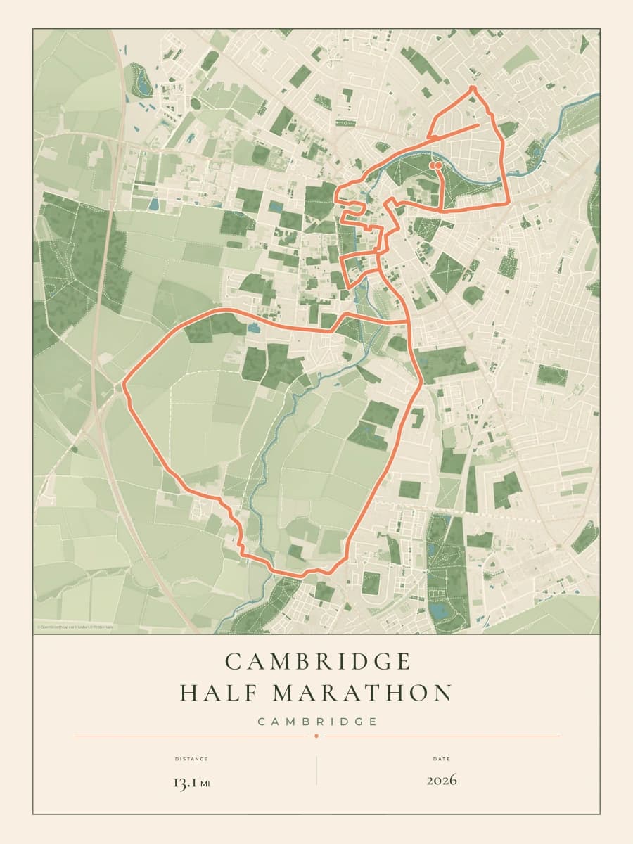 Cambridge Half Marathon route poster preview in the Parkland artwork style