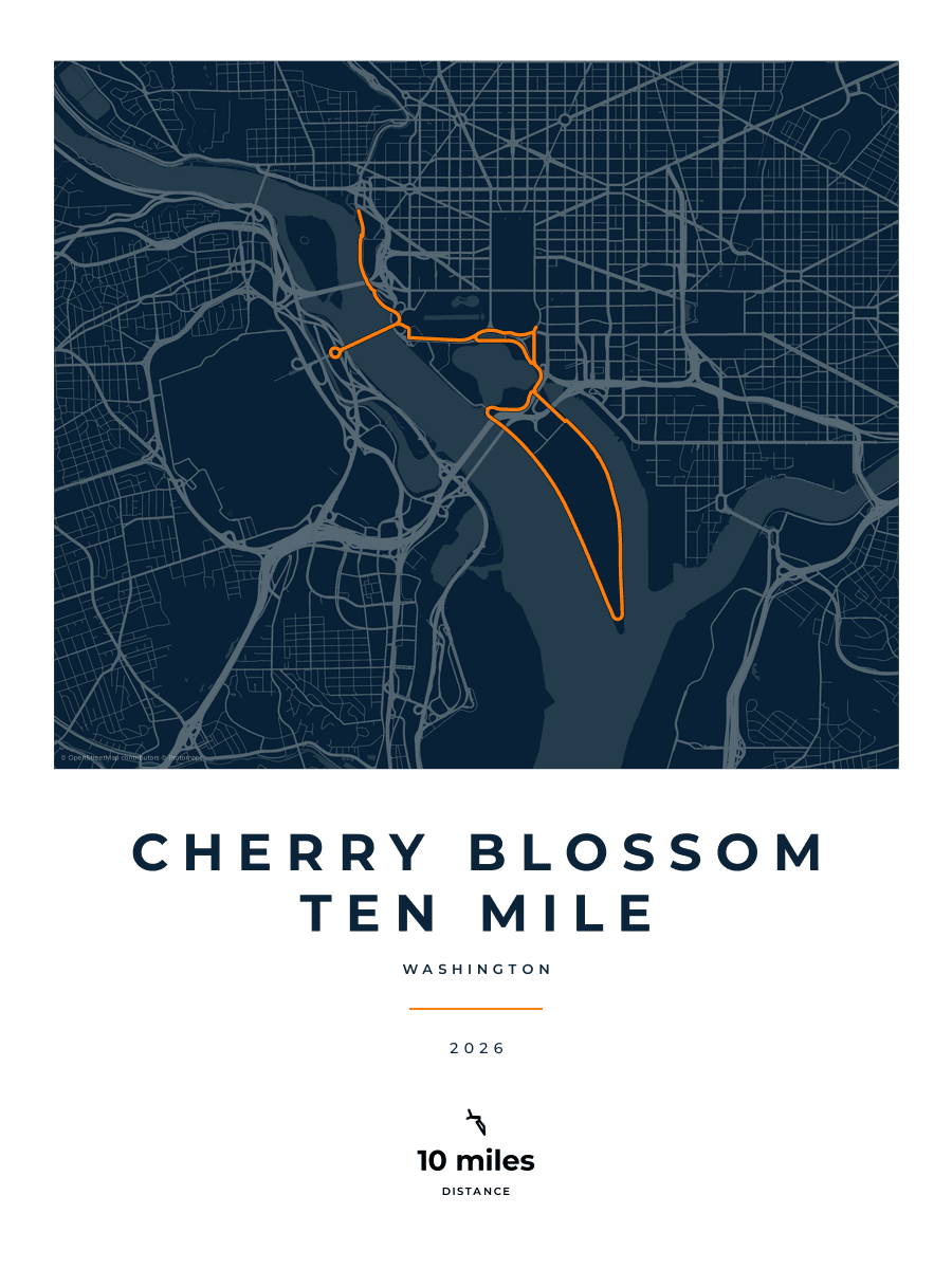 Cherry Blossom Ten Mile route map poster preview in the Race Blueprint artwork style
