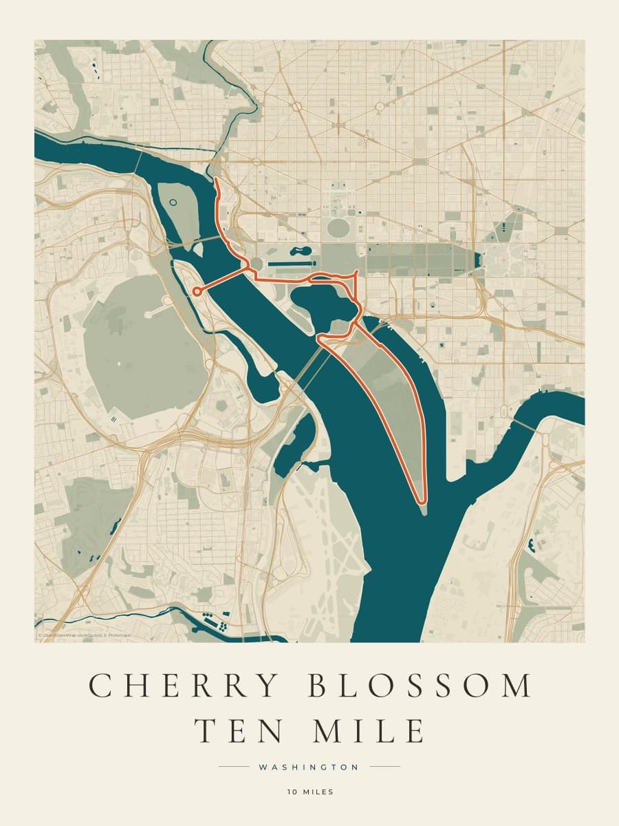 Cherry Blossom Ten Mile route map poster preview in the Coastal Atlas artwork style