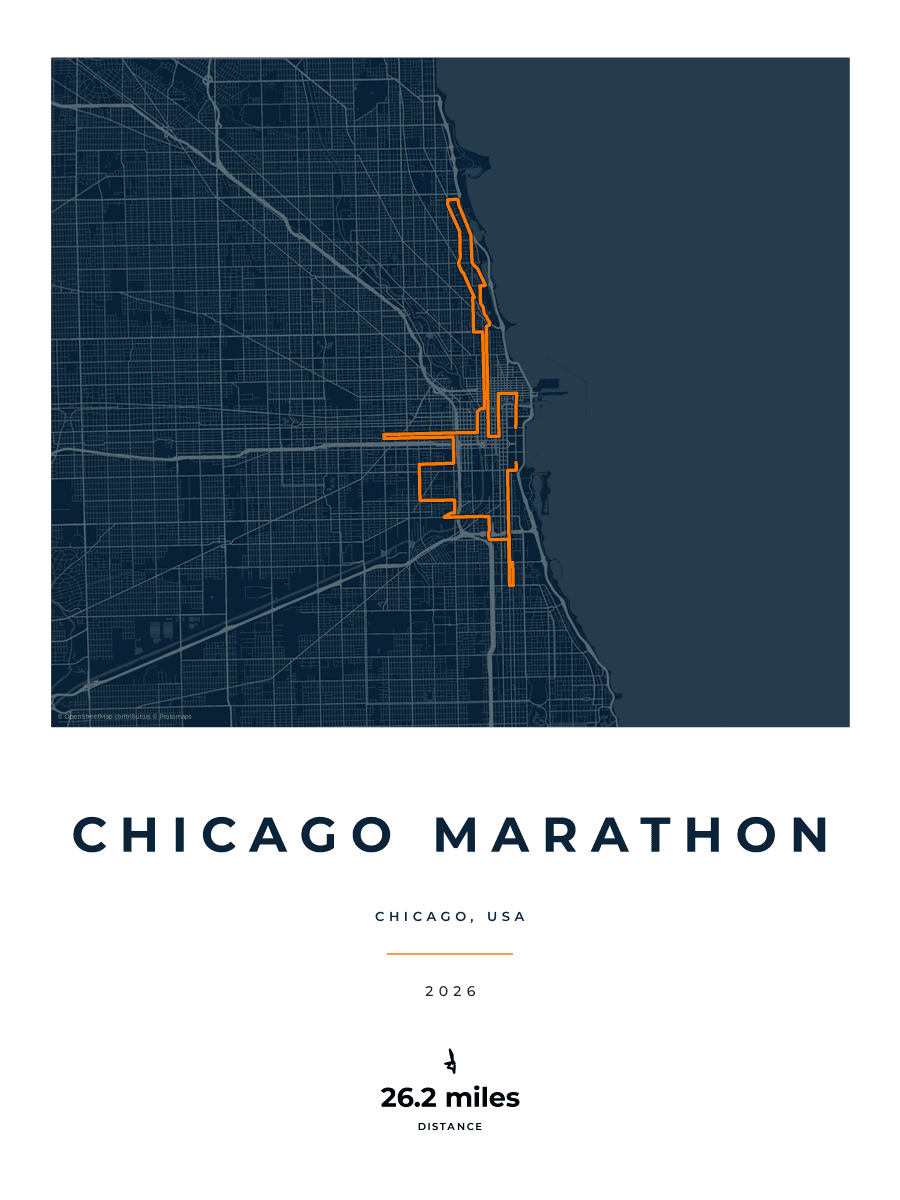 Chicago Marathon route poster preview in the Race Blueprint artwork style