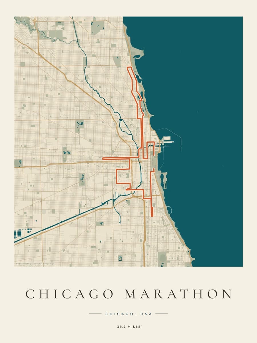 Chicago Marathon route poster preview in the Coastal Atlas artwork style