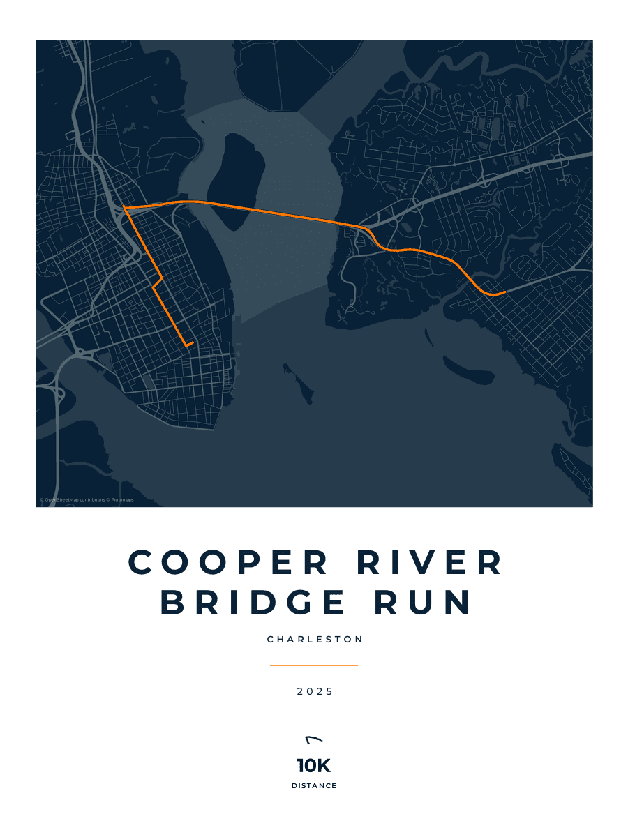 Cooper River Bridge Run route map poster preview in the Race Blueprint artwork style