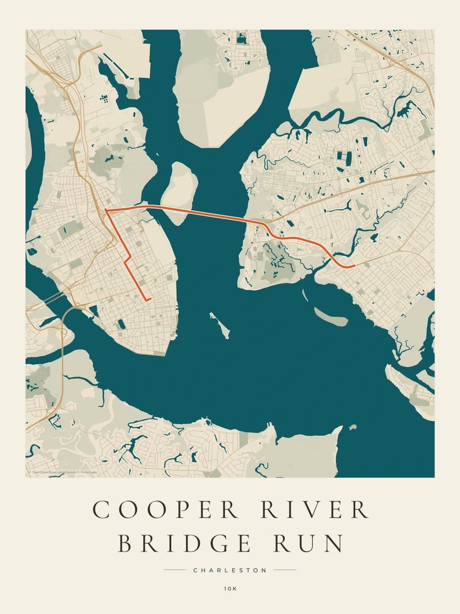 Cooper River Bridge Run route map poster preview in the Coastal Atlas artwork style