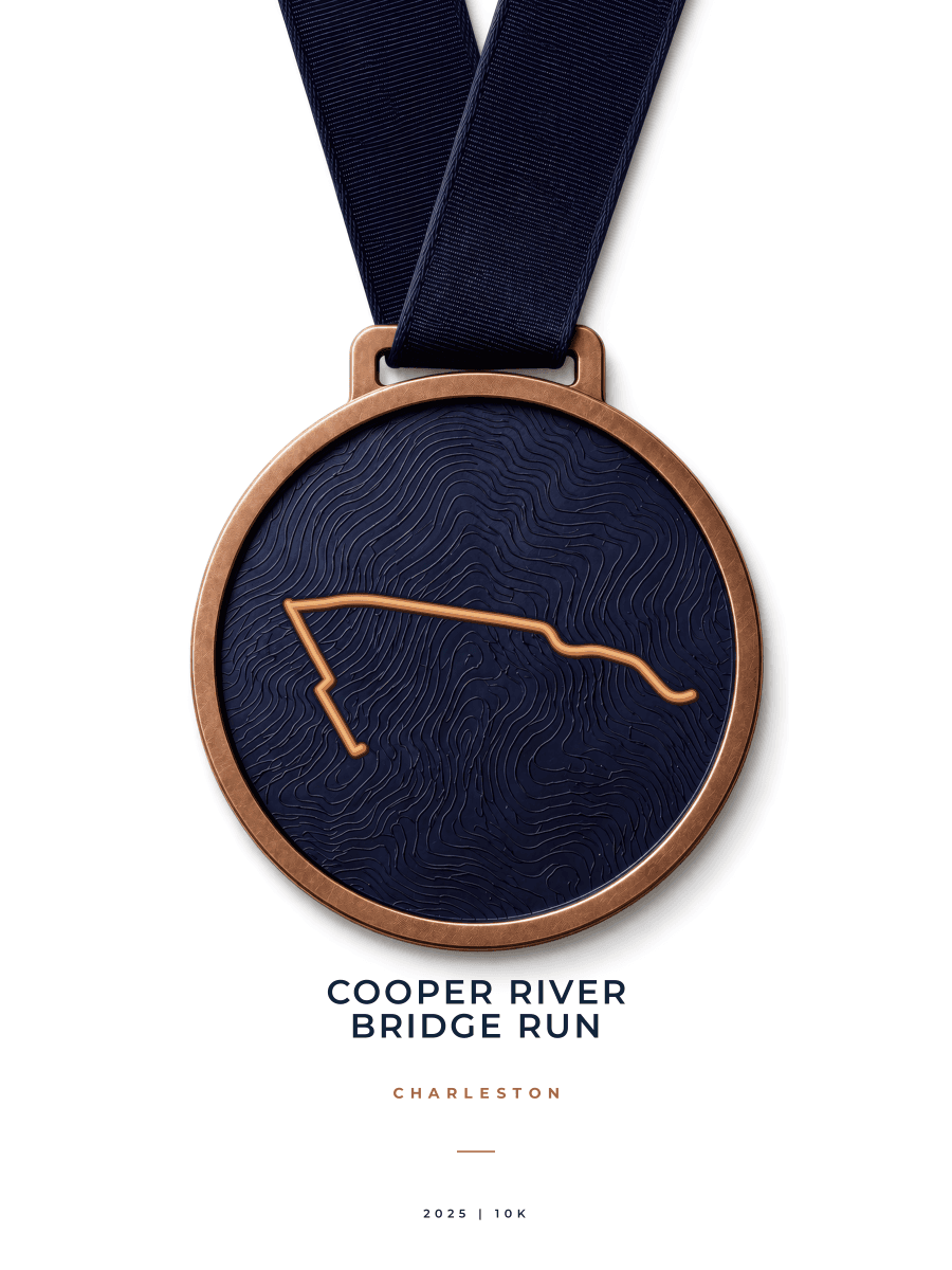 Cooper River Bridge Run route map poster preview in the Medal artwork style