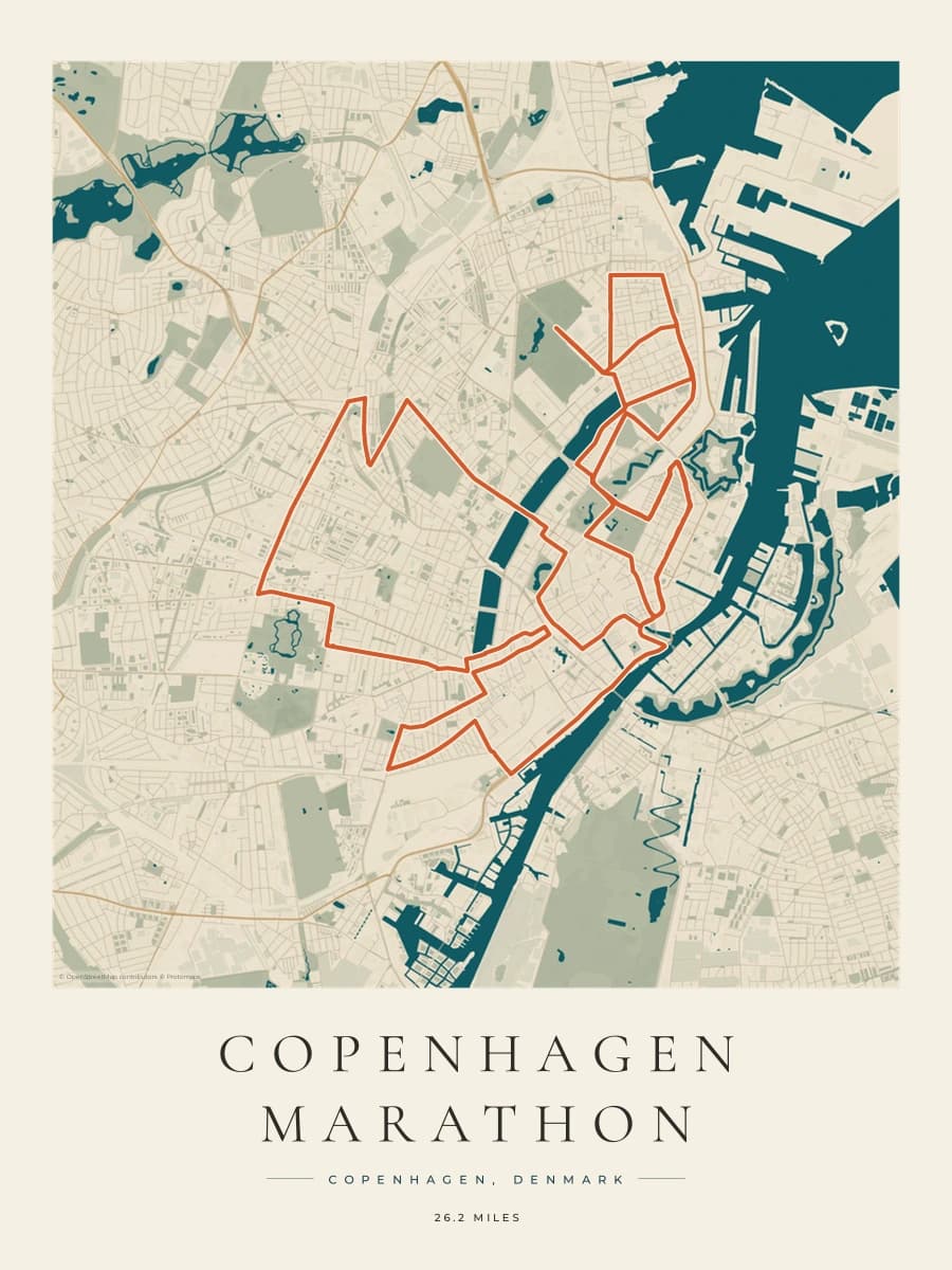 Copenhagen Marathon route poster preview in the Coastal Atlas artwork style