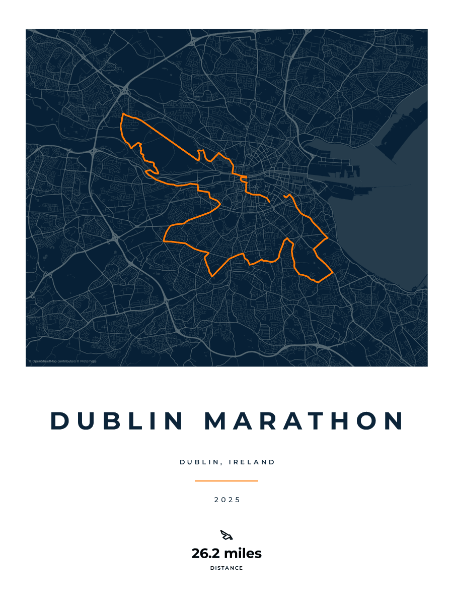 Dublin Marathon route poster preview in the Race Blueprint artwork style