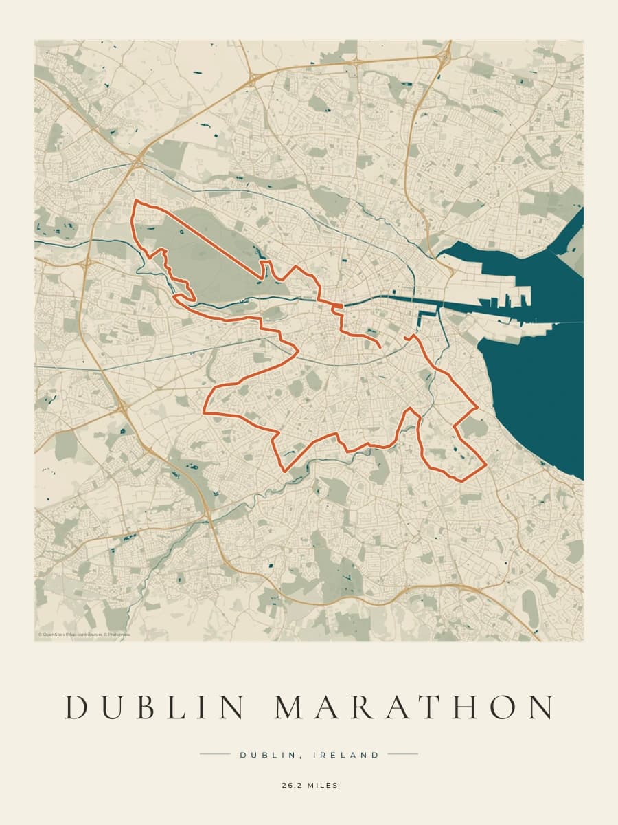 Dublin Marathon route poster preview in the Coastal Atlas artwork style
