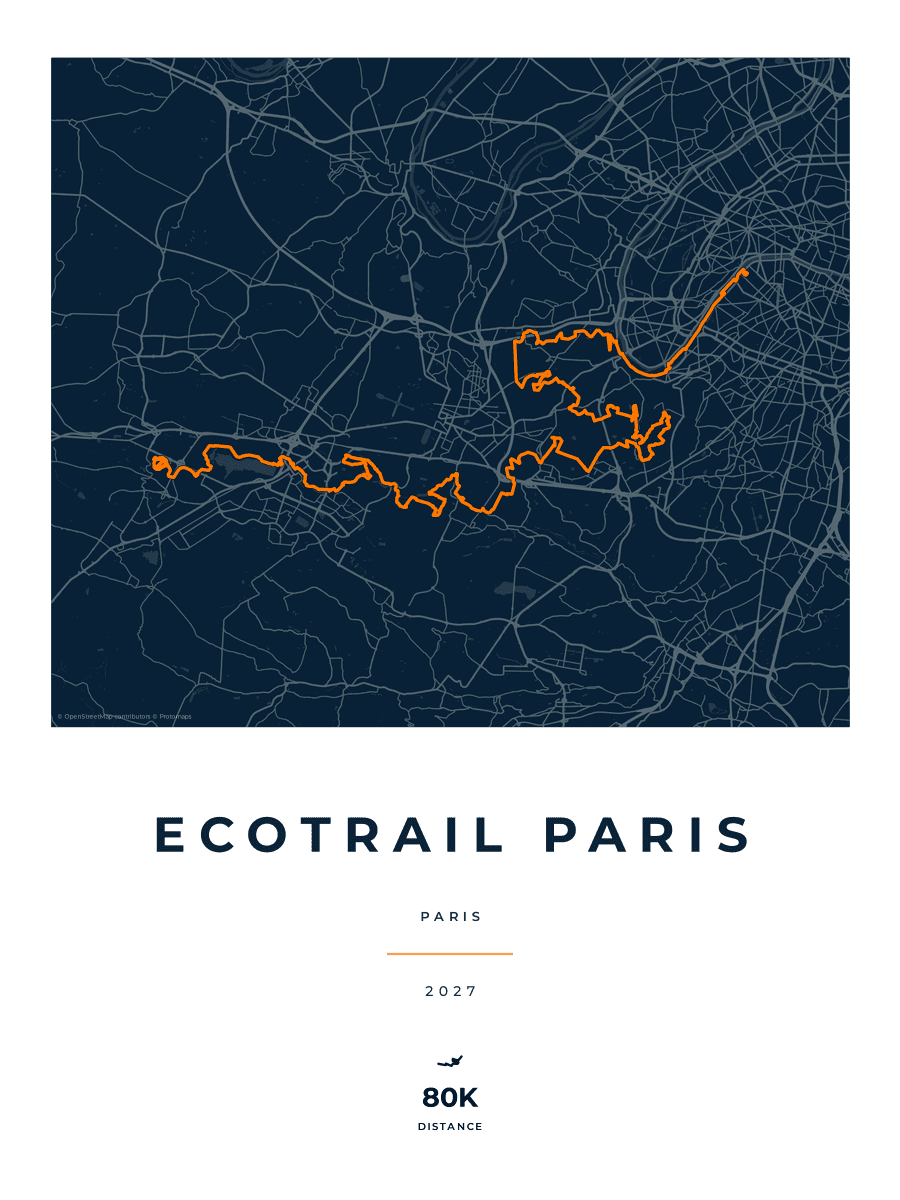EcoTrail Paris route map poster preview in the Race Blueprint artwork style