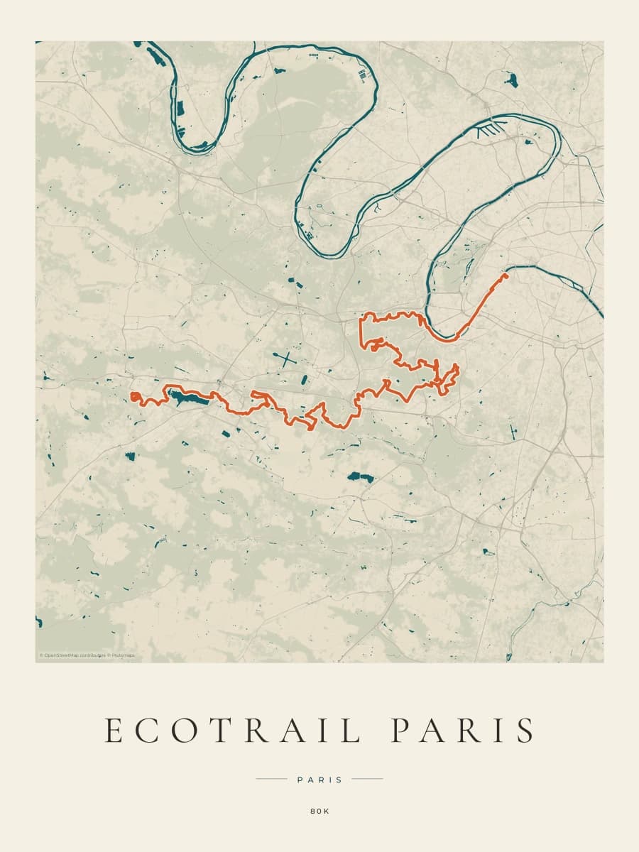 EcoTrail Paris route map poster preview in the Coastal Atlas artwork style