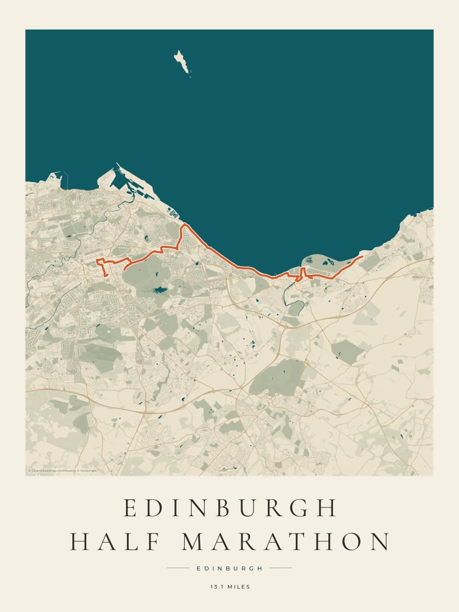 Edinburgh Half Marathon route poster preview in the Coastal Atlas artwork style